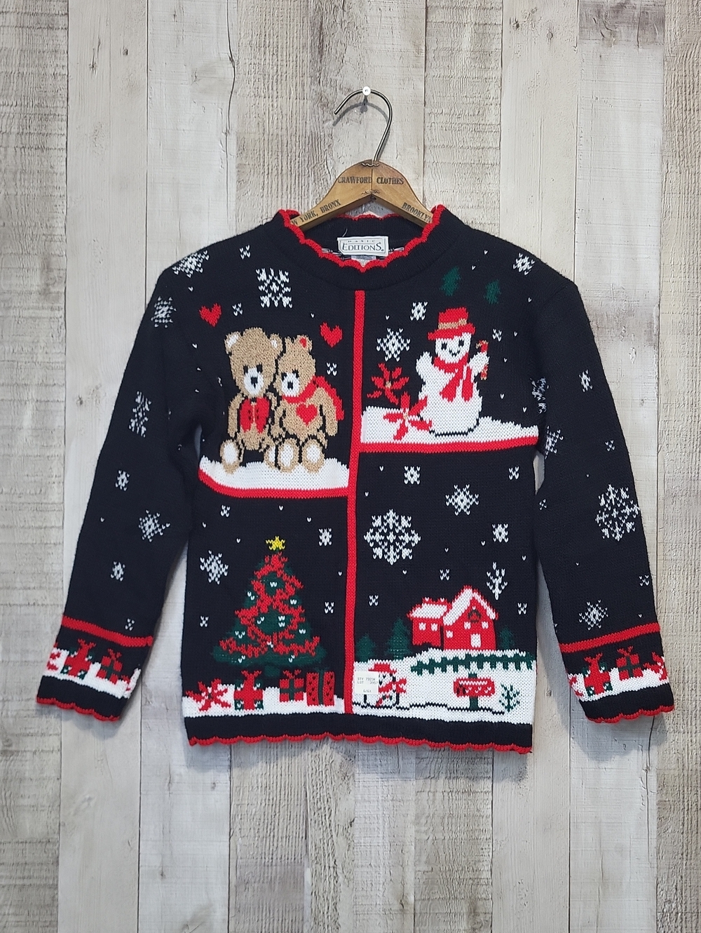 Vintage Kids Holiday Sweater with Festive Teddy & Snowman Size 6x